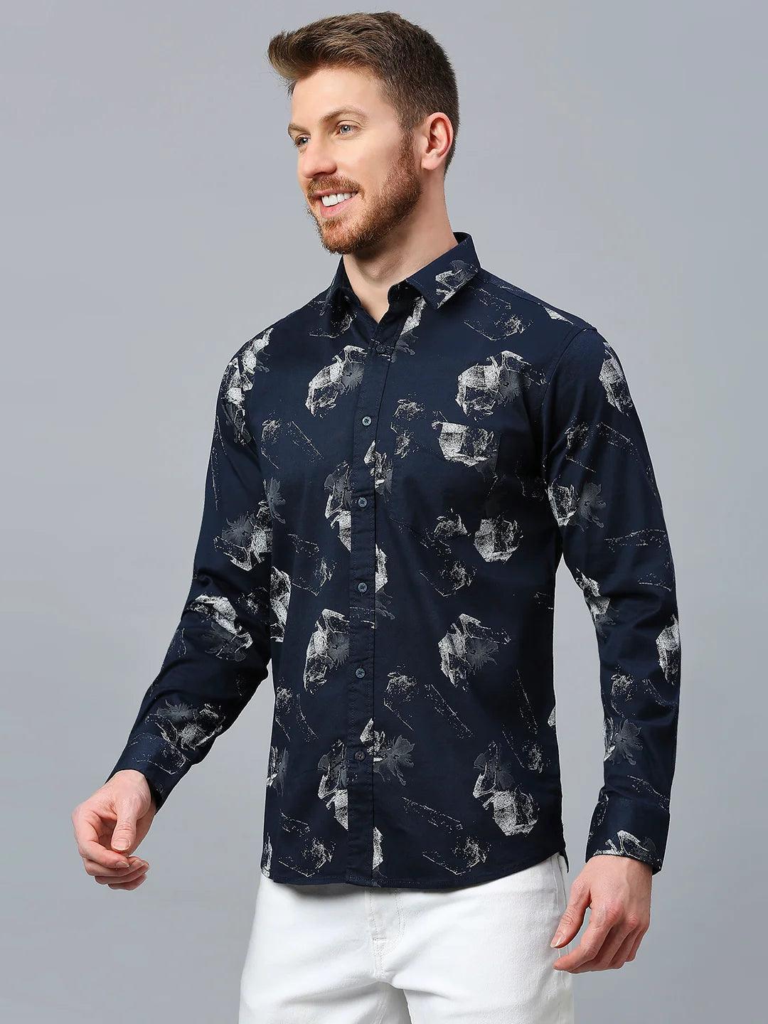 Navy Cotton Printed Shirt