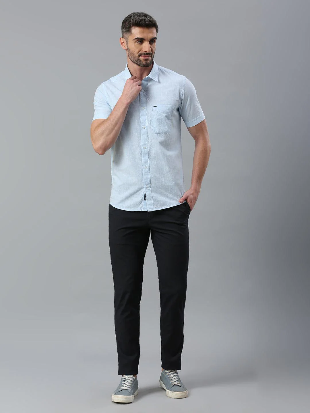 Textured Sky Blue Solid Shirt - Image 6